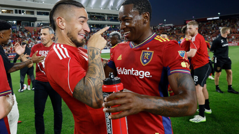 Real Salt Lake forward Chicho Arango (9) and midfielder Anderson Julio (29) celebrate