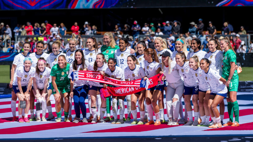 The US Women's National Team poses after the game against Wales at PayPal Park.