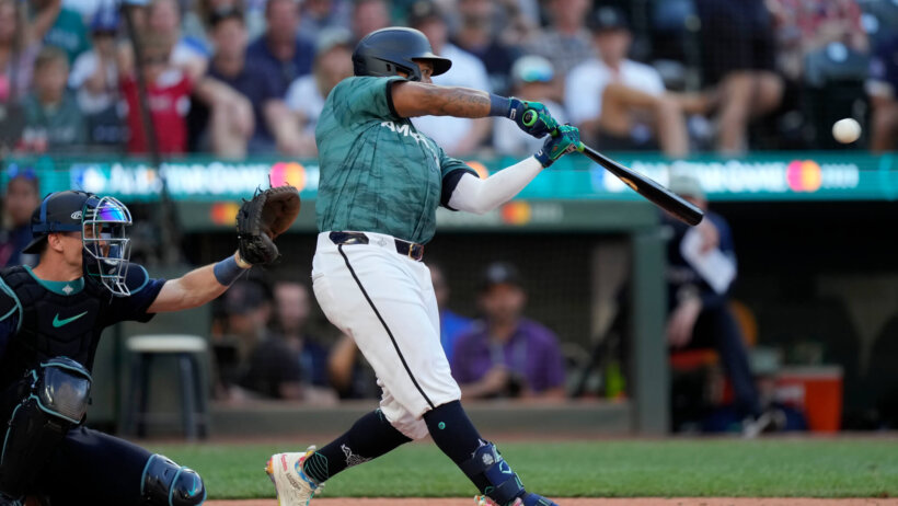 American League third baseman Jose Ramirez hitting a double at the 2023 MLB All-Star Game