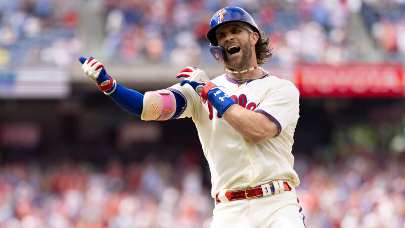 Bryce Harper celebrates an RBI single.