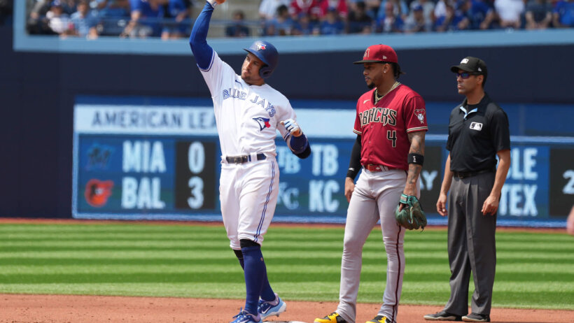 Toronto Blue Jays right fielder George Springer celebrates a double
