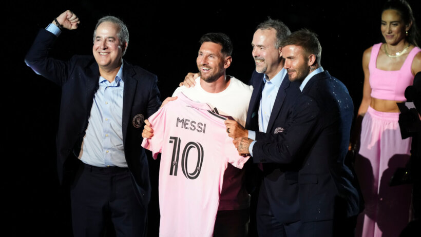 Inter Miami CF forward Lionel Messi is introduced at The Unveil event and press conference on stage