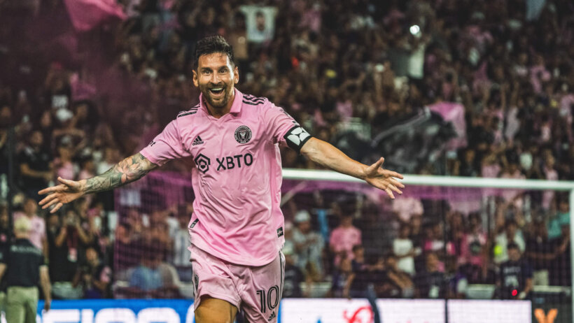 Inter Miami CF forward Lionel Messi (10) celebrates after scoring a goal against Cruz Azul