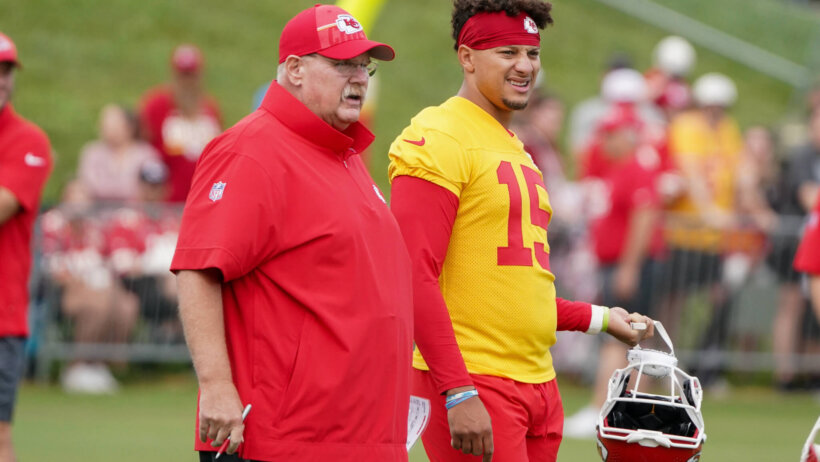 Kansas City Chiefs quarterback Patrick Mahomes and head coach Andy Reid at practice