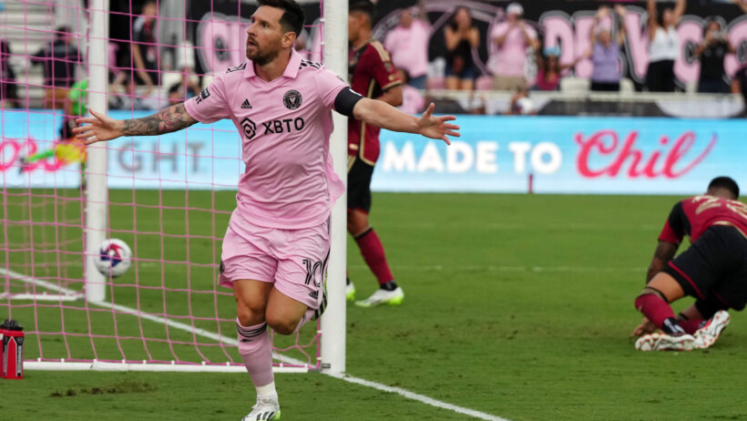 Inter Miami CF forward Lionel Messi (10) celebrates after scoring a goal in the first half against the Atlanta United