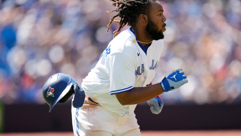 Vladimir Guerrero Jr. lines a hit versus the Angels.