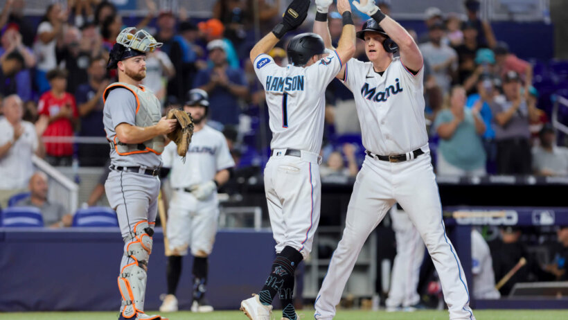 Miami Marlins home run celebration at the plate.