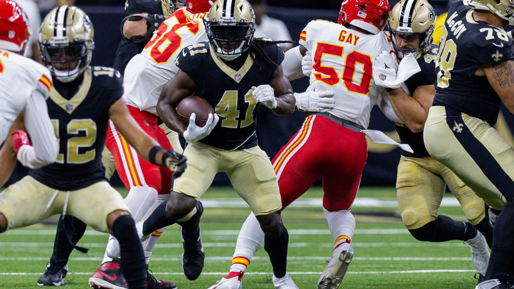 New Orleans Saints RB Alvin Kamara remains under NFL suspension for Monday's game with the Carolina Panthers