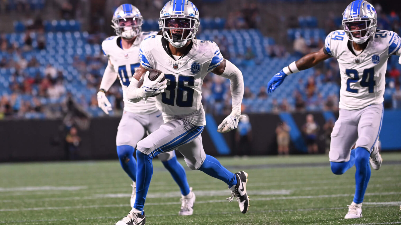 Detroit Lions cornerback Steven Gilmore (36) intercepts the ball