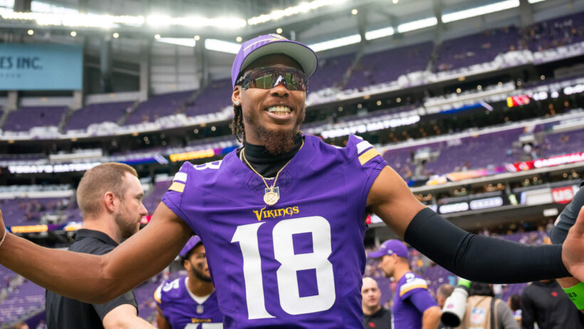 Minnesota Vikings wide receiver Justin Jefferson (18) reacts after a game against the Arizona Cardinals