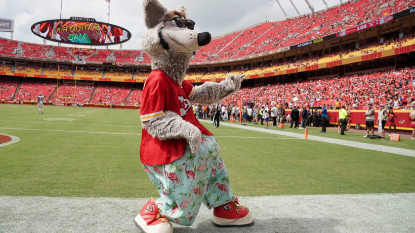 Kansas City Chiefs mascot KC Wolf dancing at GEHA Field at Arrowhead Stadium