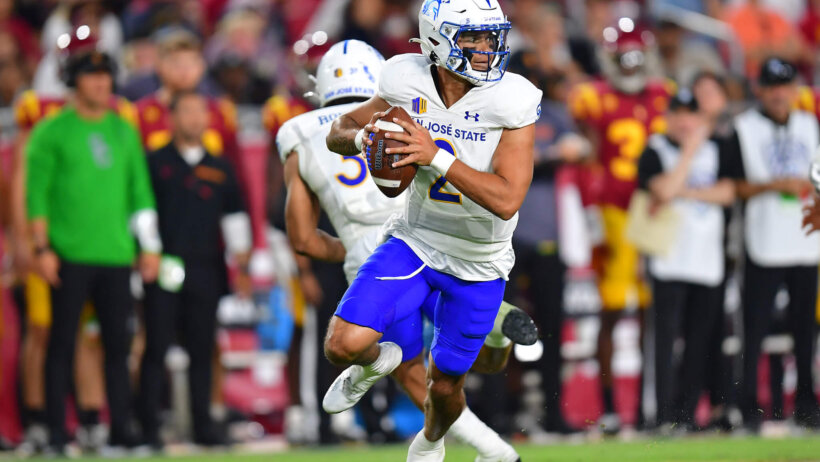 San Jose State Spartans quarterback Chevan Cordeiro moves out to pass