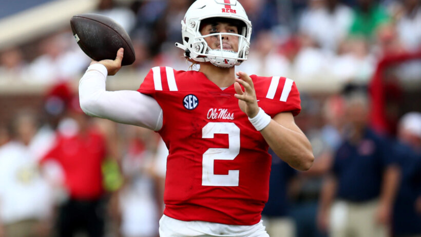 Ole Miss Rebels quarterback Jaxson Dart passes the ball