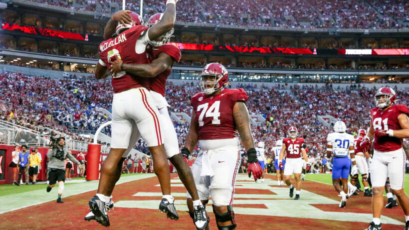 Alabama Crimson Tide running back Jase McClellan celebrates a TD