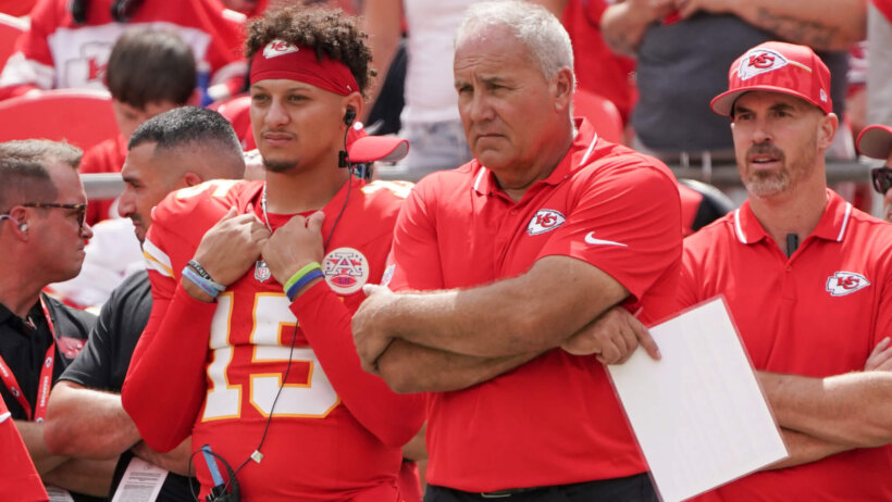 Kansas City Chiefs quarterback Patrick Mahomes (15) and assistant coach Dave Tomb