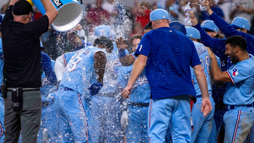 Texas Rangers celebrating a walkoff win over the Minnesota Twins