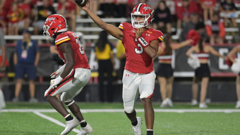 Maryland Terrapins quarterback Taulia Tagovailoa throws from the pocket