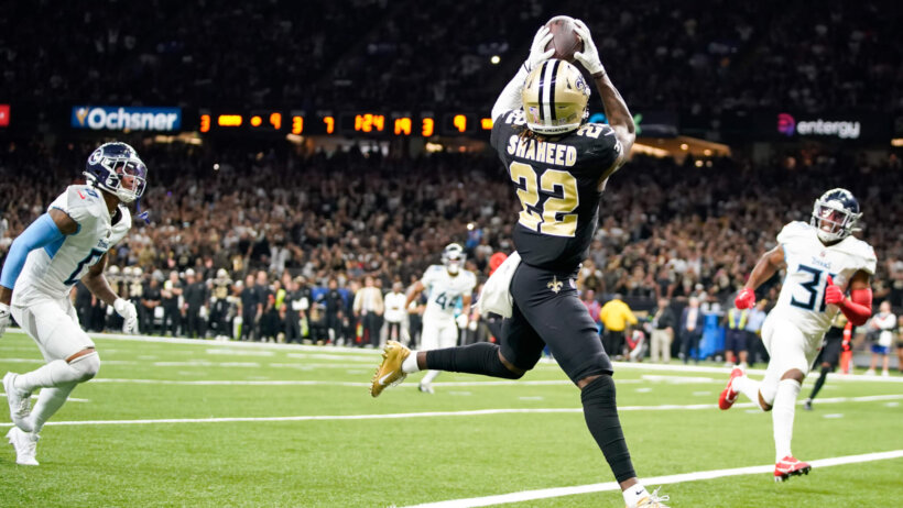 New Orleans Saints wide receiver Rashid Shaheed (22) scores a touchdown in the third quarter against the Tennessee Titans