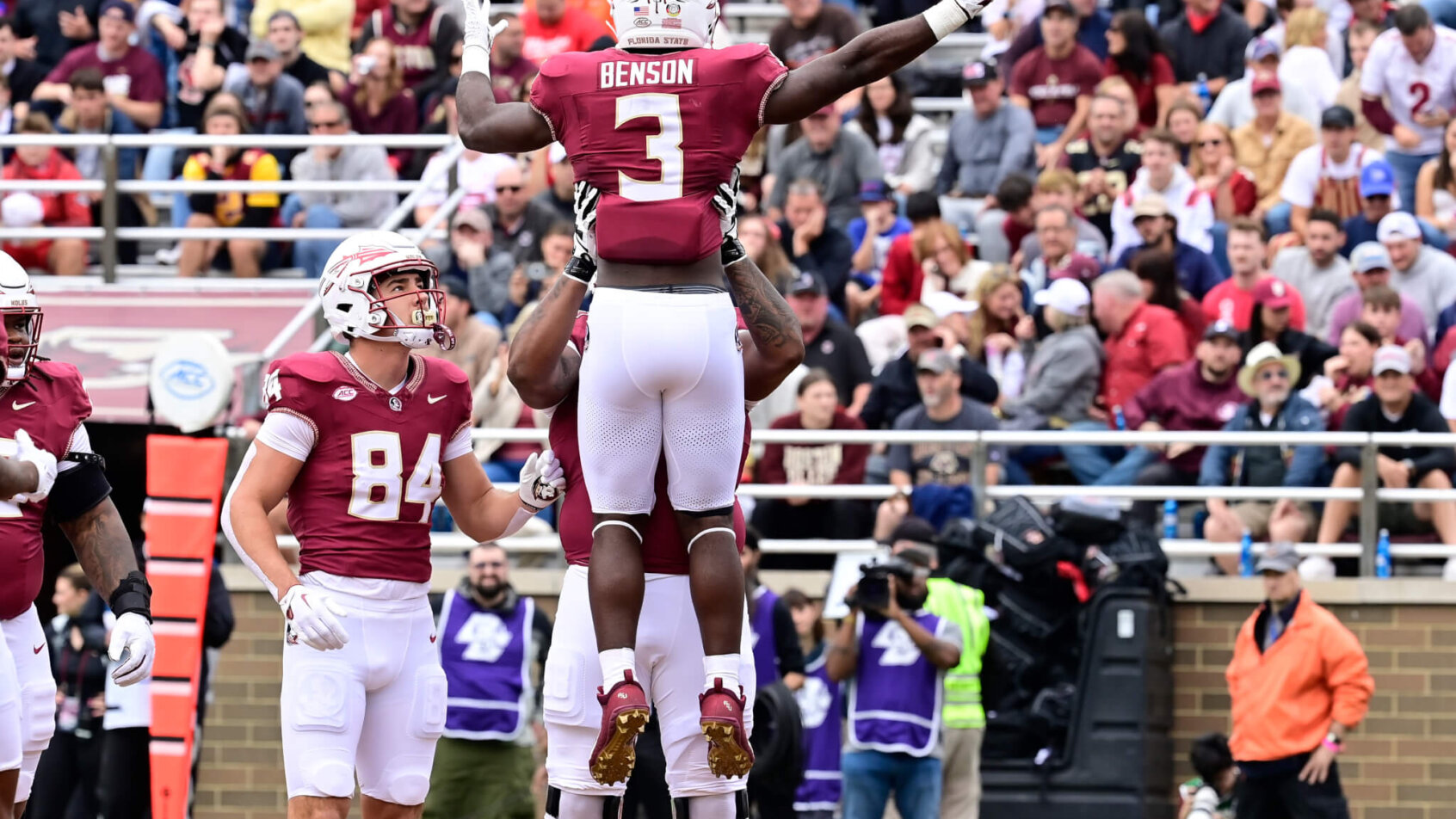 The Florida State Seminoles, celebrating a TD, are favored over Clemson for the first time since 2014