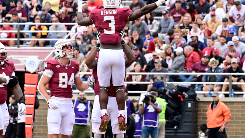 The Florida State Seminoles, celebrating a TD, are favored over Clemson for the first time since 2014