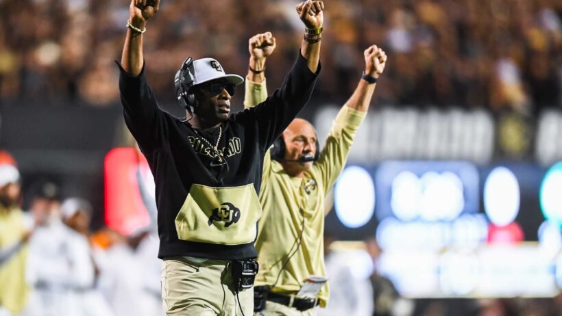 Deion Sanders celebrates a Colorado touchdown versus Colorado State.