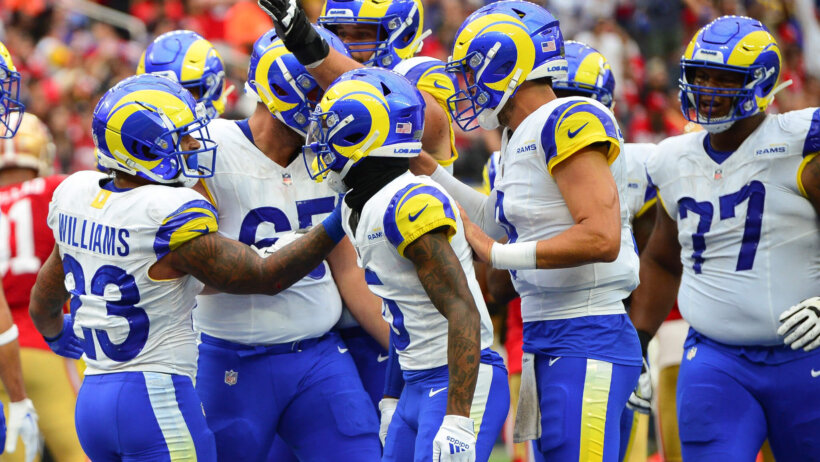 Los Angeles Rams running back Kyren Williams (23) celebrates his touchdown scored