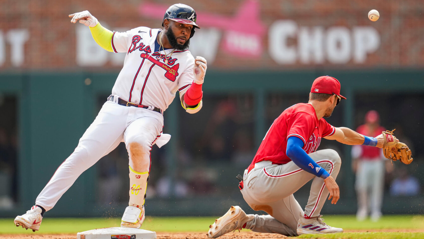 Atlanta Braves designated hitter Marcell Ozuna standing on second base