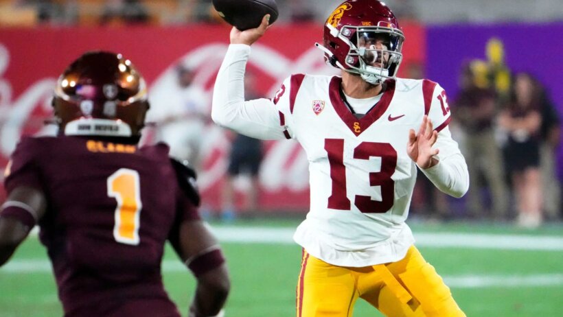 USC Trojans quarterback Caleb Williams throws a pass