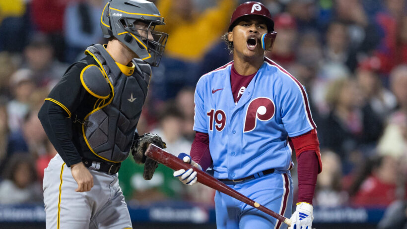 Philadelphia Phillies left fielder Cristian Pache reacts after striking out
