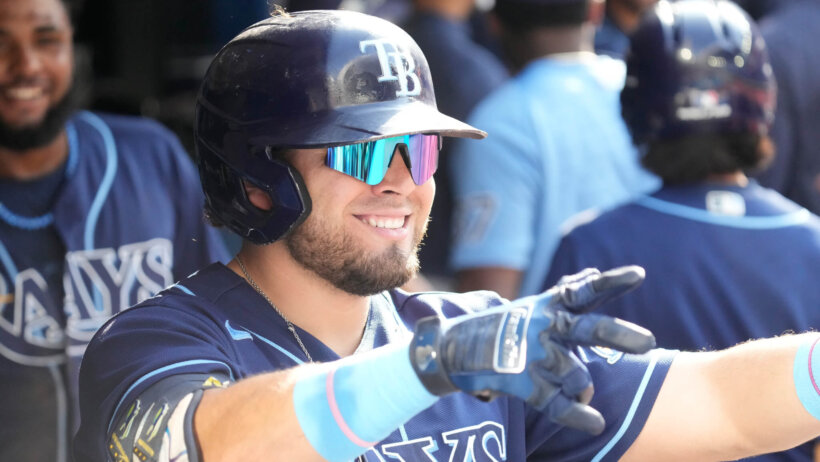 Tampa Bay Rays first baseman Jonathan Aranda celebrating in the dugout