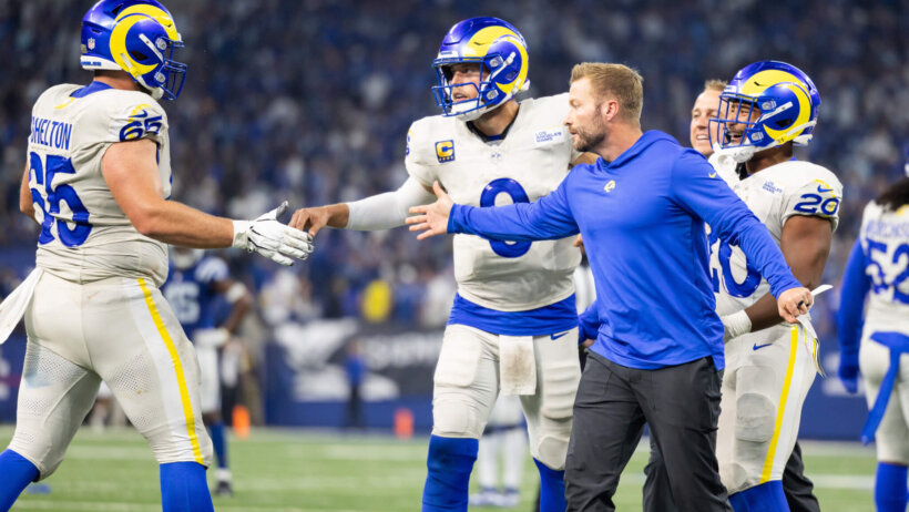 Rams quarterback Matthew Stafford (9) celebrates his game winning pass