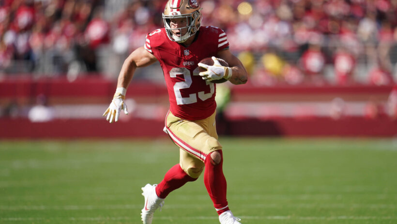The rushing yardage prop for 49ers RB Christian McCaffrey against the Cowboys is set at 79.5.
