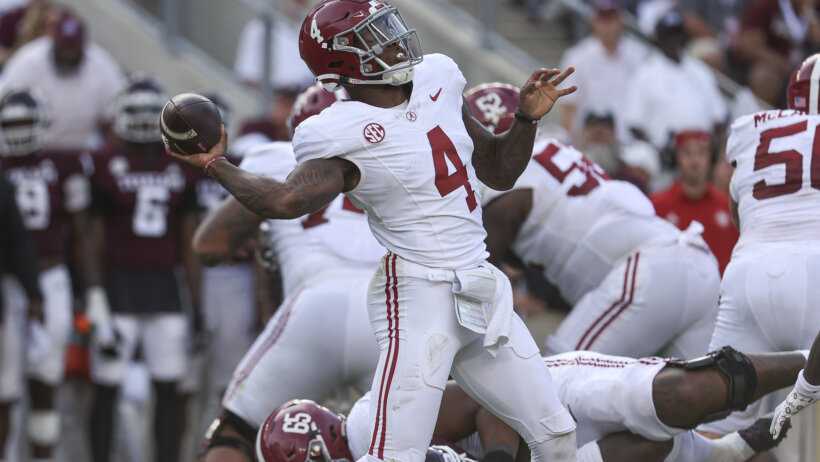 Alabama Crimson Tide quarterback Jalen Milroe throws a pass