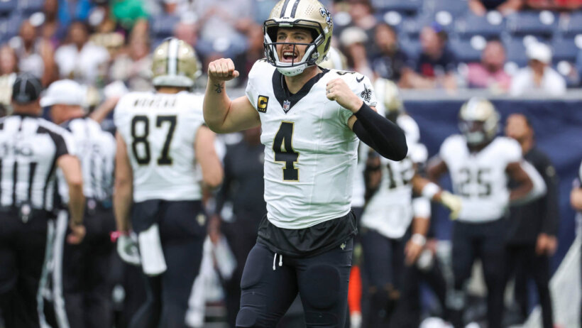 New Orleans Saints quarterback Derek Carr (4) reacts
