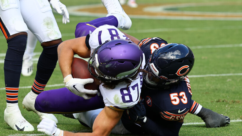 In the Bears vs Vikings NFL player props for the Week 12 MNF game, the total receiving yards for Minnesota TE TJ Hockenson is set at 62.5.
