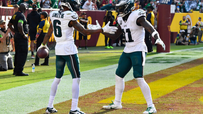 Philadelphia Eagles wide receiver DeVonta Smith (6) celebrates with wide receiver A.J. Brown (11)