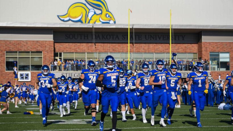 The South Dakota State Jackrabbits run out before the game