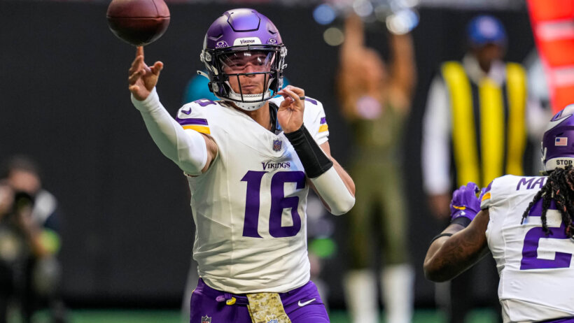 Minnesota Vikings quarterback Jaren Hall throwing a pass