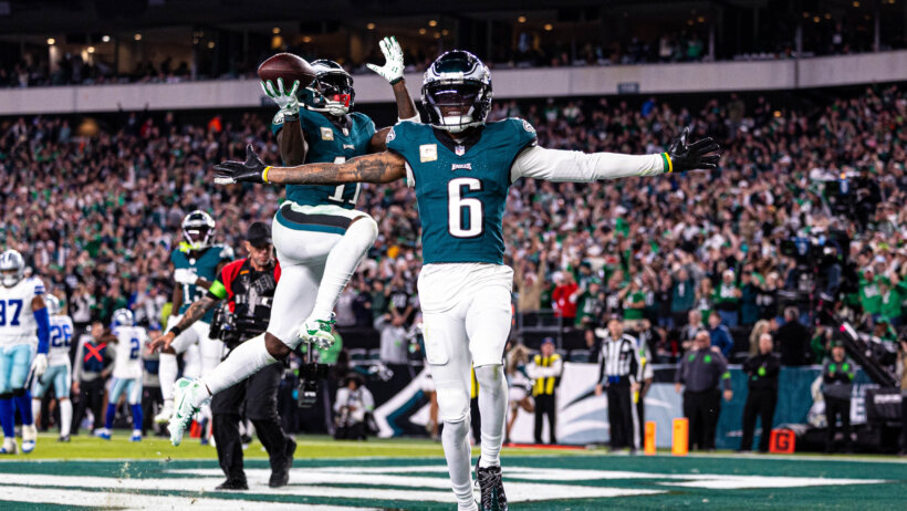 Philadelphia Eagles wide receiver DeVonta Smith (6) and wide receiver A.J. Brown (11) celebrate a touchdown