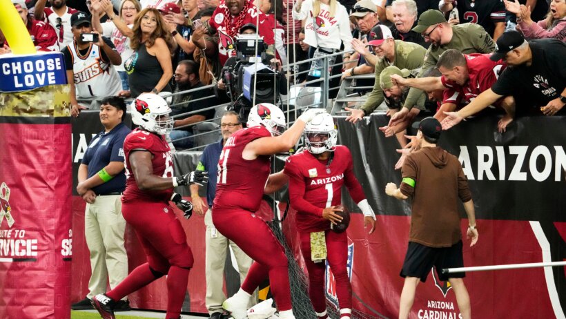 Arizona Cardinals quarterback Kyler Murray (1) reacts after scoring his first touchdown of the 2023 season