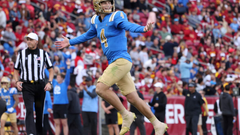 UCLA Bruins quarterback Ethan Garbers celebrates after a touchdown
