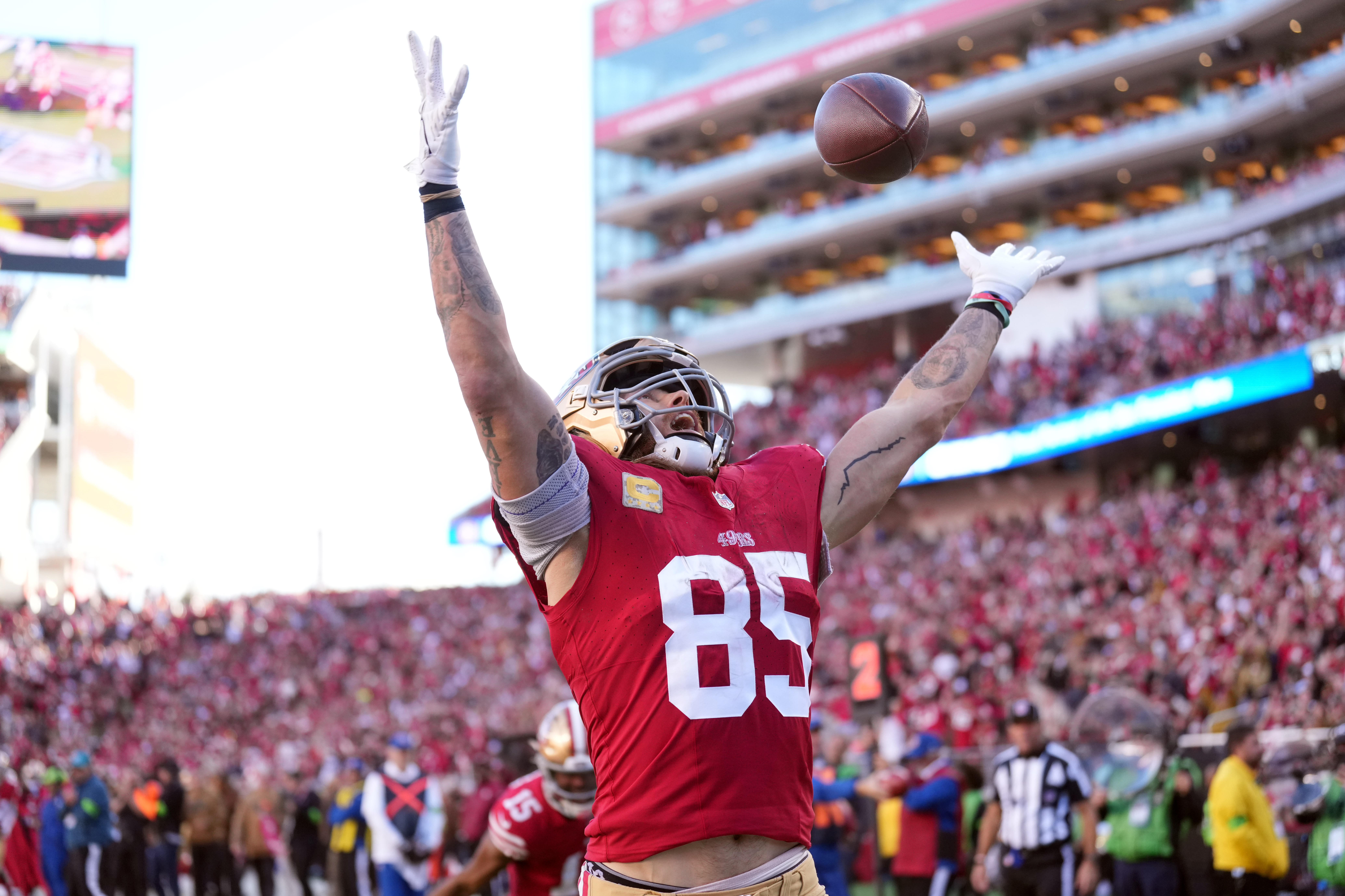 San Francisco 49ers tight end George Kittle celebrates