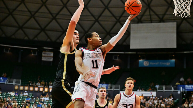 Gonzaga Bulldogs guard Nolan Hickman goes for a layup against the Purdue Boilermakers