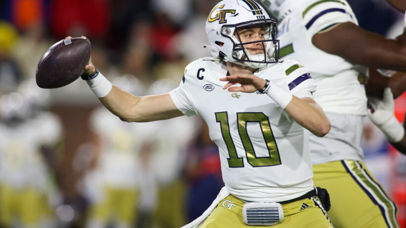 Georgia Tech Yellow Jackets quarterback Haynes King throws a pass