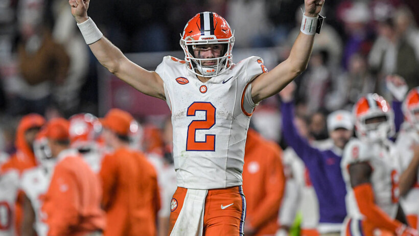 Clemson Tigers quarterback Cade Klubnik celebrates a touchdown