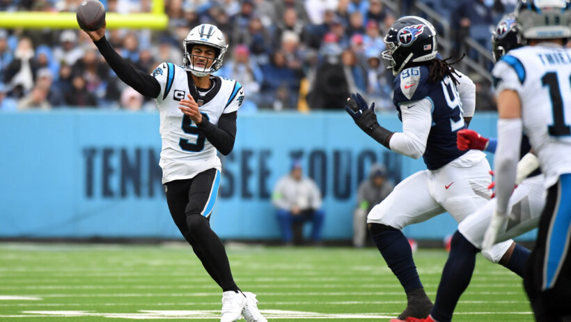 Carolina Panthers quarterback Bryce Young (9) throws the ball