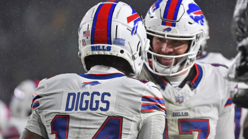 Buffalo Bills wide receiver Stefon Diggs (14) celebrates his touchdown with quarterback Josh Allen (17)