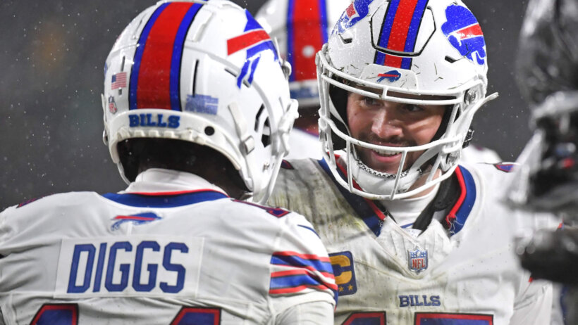 Buffalo Bills quarterback Josh Allen and wide receiver Stefon Diggs celebrate a touchdown