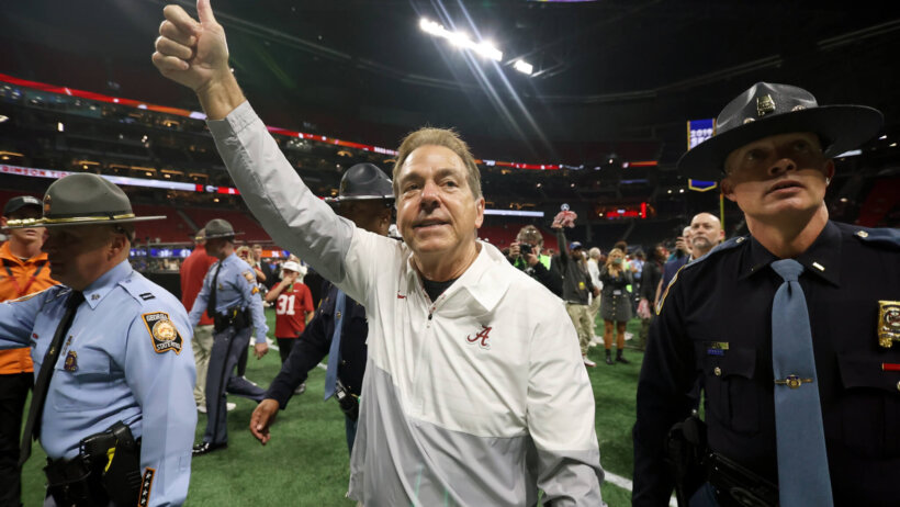 Alabama Crimson Tide head coach Nick Saban celebrates after defeating the Georgia Bulldogs in the SEC championship game