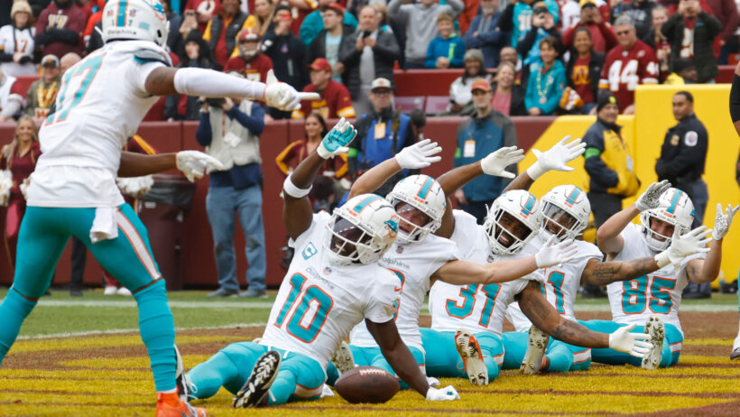 Miami Dolphins wide receiver Tyreek Hill (10) celebrates in the end zone